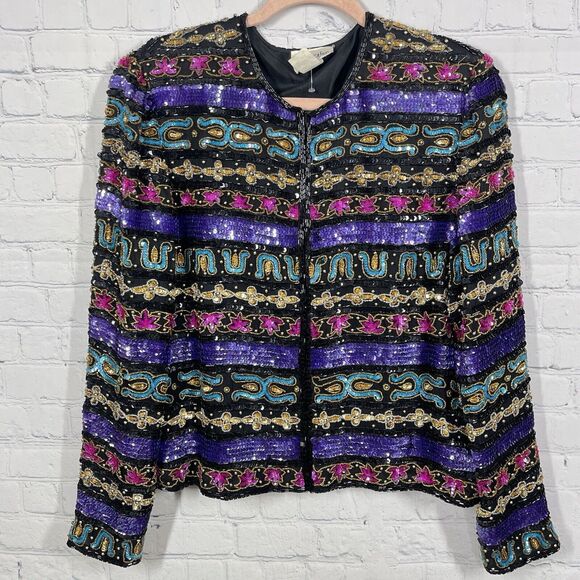Nina Piccalino Blazer Women Size 10 Sequins Multicolor 100% Silk Party VTG 80's